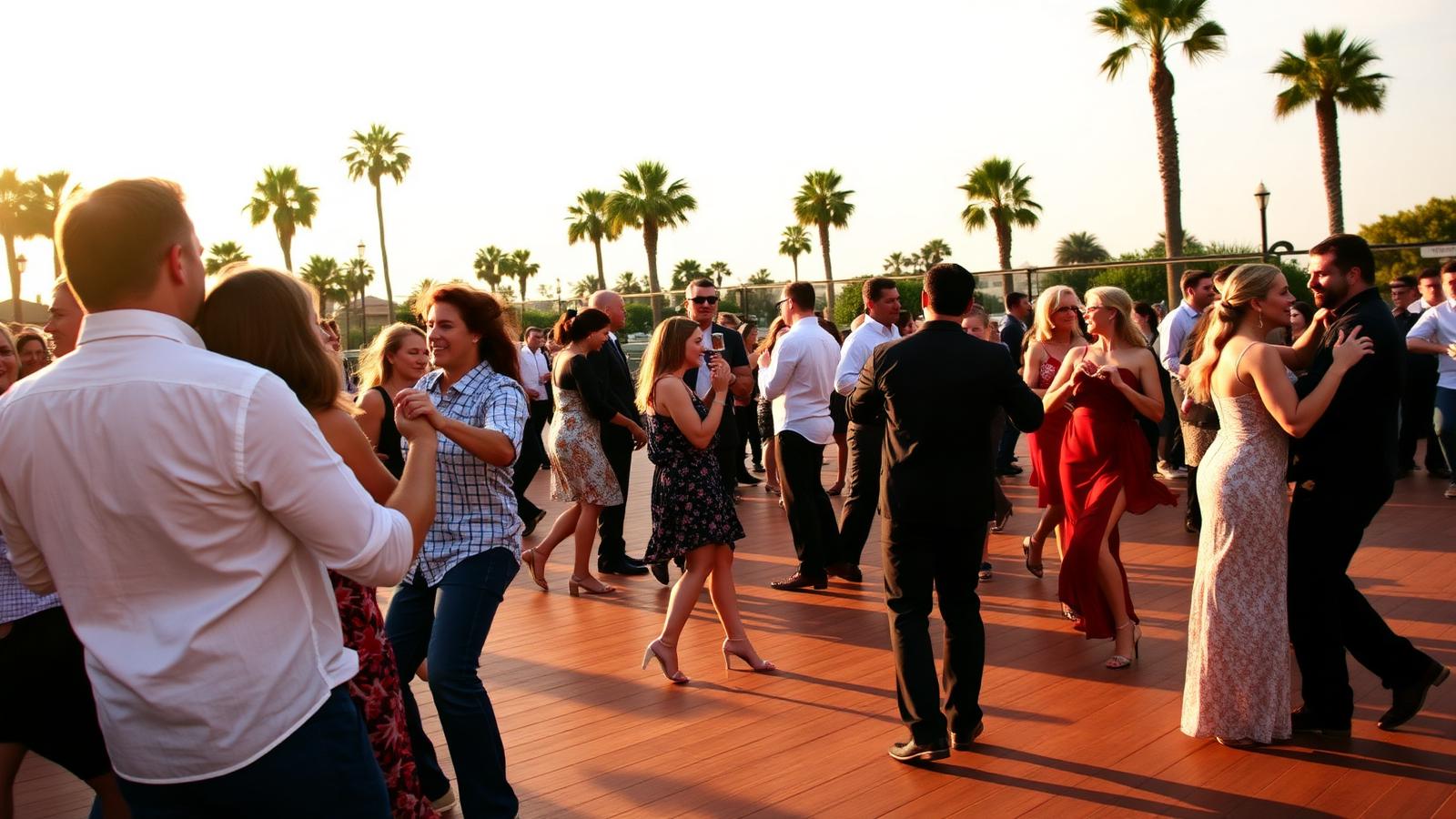 Outdoor dance social at golden hour